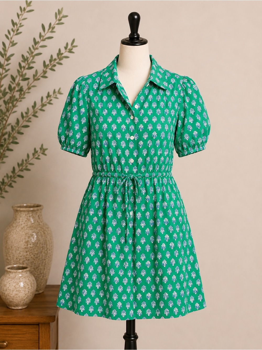 J. Crew Green Floral Shirt Dress with Tie Waist